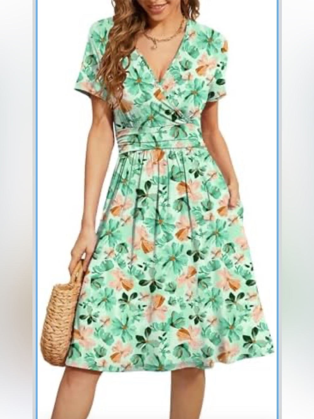 Wrap Front Floral Midi Dress in Mint Green